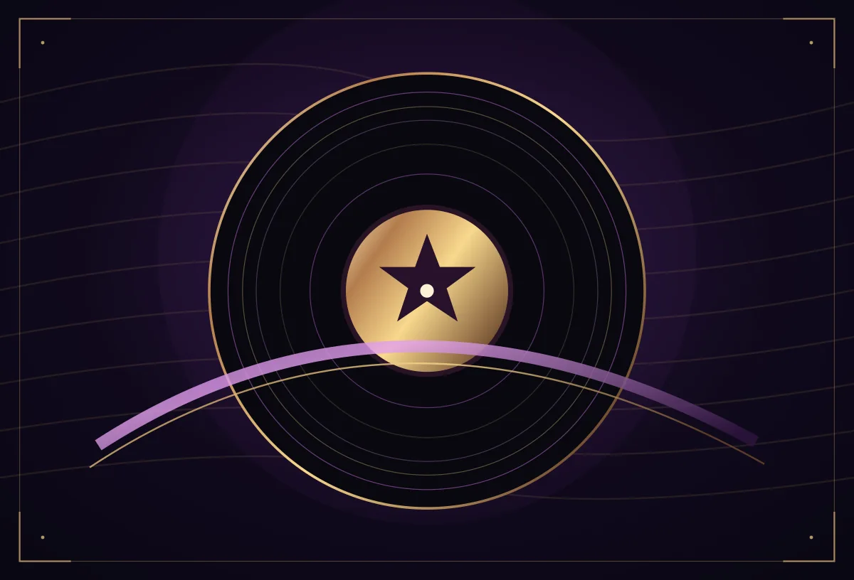Abstract gold and purple sound waves surrounding a vinyl record